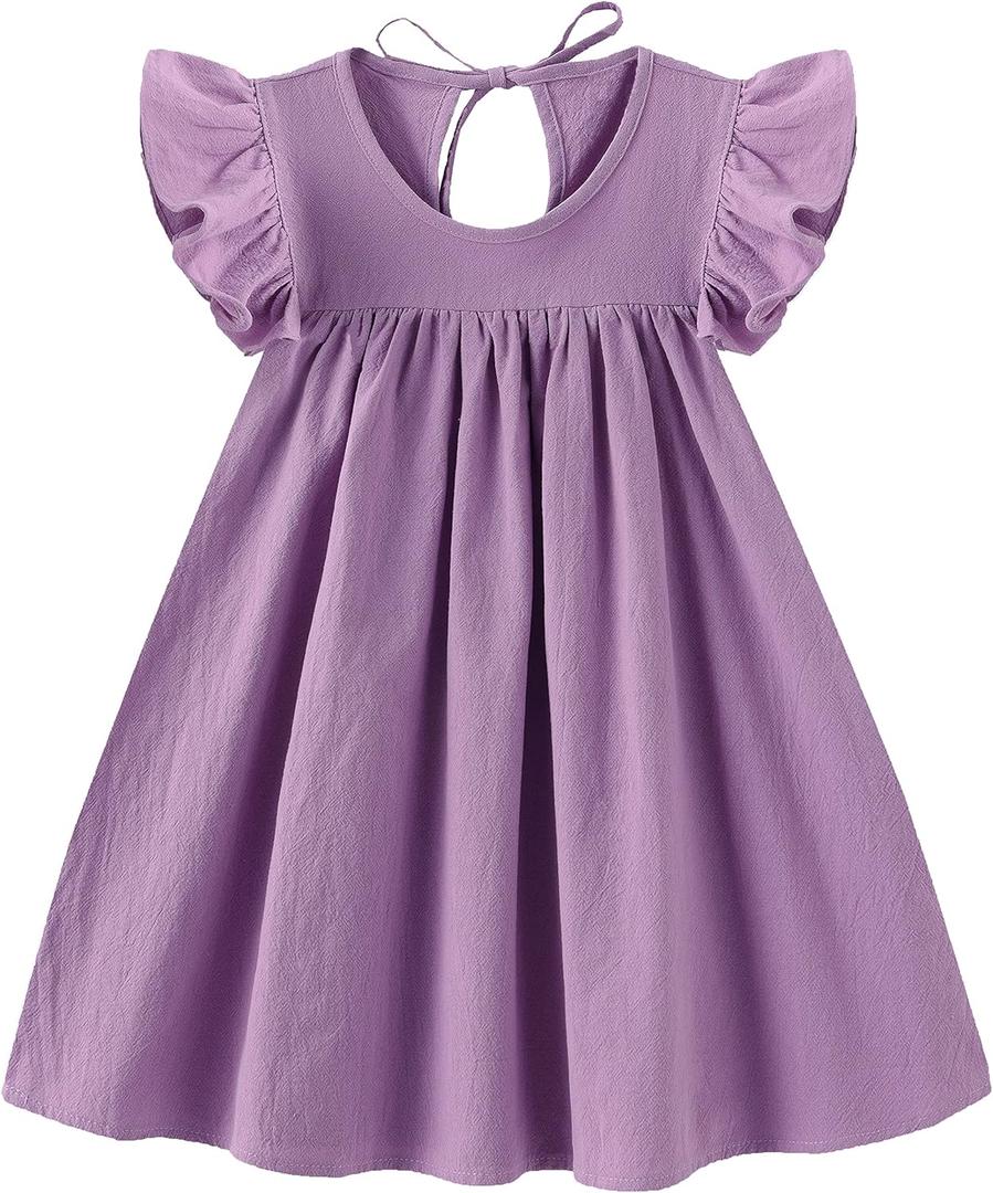 Toddler Girls Ruffle Sleeve Cotton Linen Dress Sleeveless Baby Girl Back Tie Dress Kid Casual Sundress (2T, 1-purple)