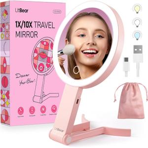 LitBear Travel Makeup Mirror with Lights, Rechargeable Double-Sided 10X/1X Magnifying Mirror, Portable Lighted Beauty Mirror, 3 Color Lighting, Dimmable Touch Screen, Tabletop Handhold Hanging (Pink)
