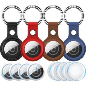 RFUNGUANGO 4-Piece Airtag Leather Case for Apple Air Tab Cover Airtag Key Holster - with 4 Front Screen Protectors, 4 Back Protectors, Black/Brown/Blue/Red