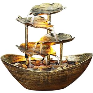 Creative Ingot Lotus Leaf Flowing Water Tabletop Fountain with LED Night Light, Automatic Pump USB Desk Fountain Home Office Decor (Gold)
