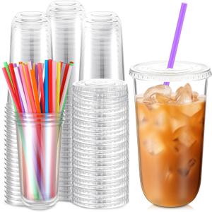 100 Pack Clear Plastic Cups With Flat Lids and Straws Disposable Drinking Cups for Iced Coffee, Cold Drinks, Juice, Smoothies, Milkshakes (20 oz)