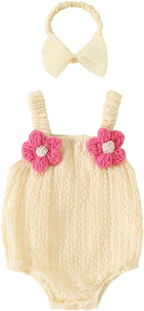 Baby Girl Bubble Romper with Butterfly Bow Back Newborn One-Piece Summer Outfit Cute Sleeveless Jumpsuit for Infants (M)