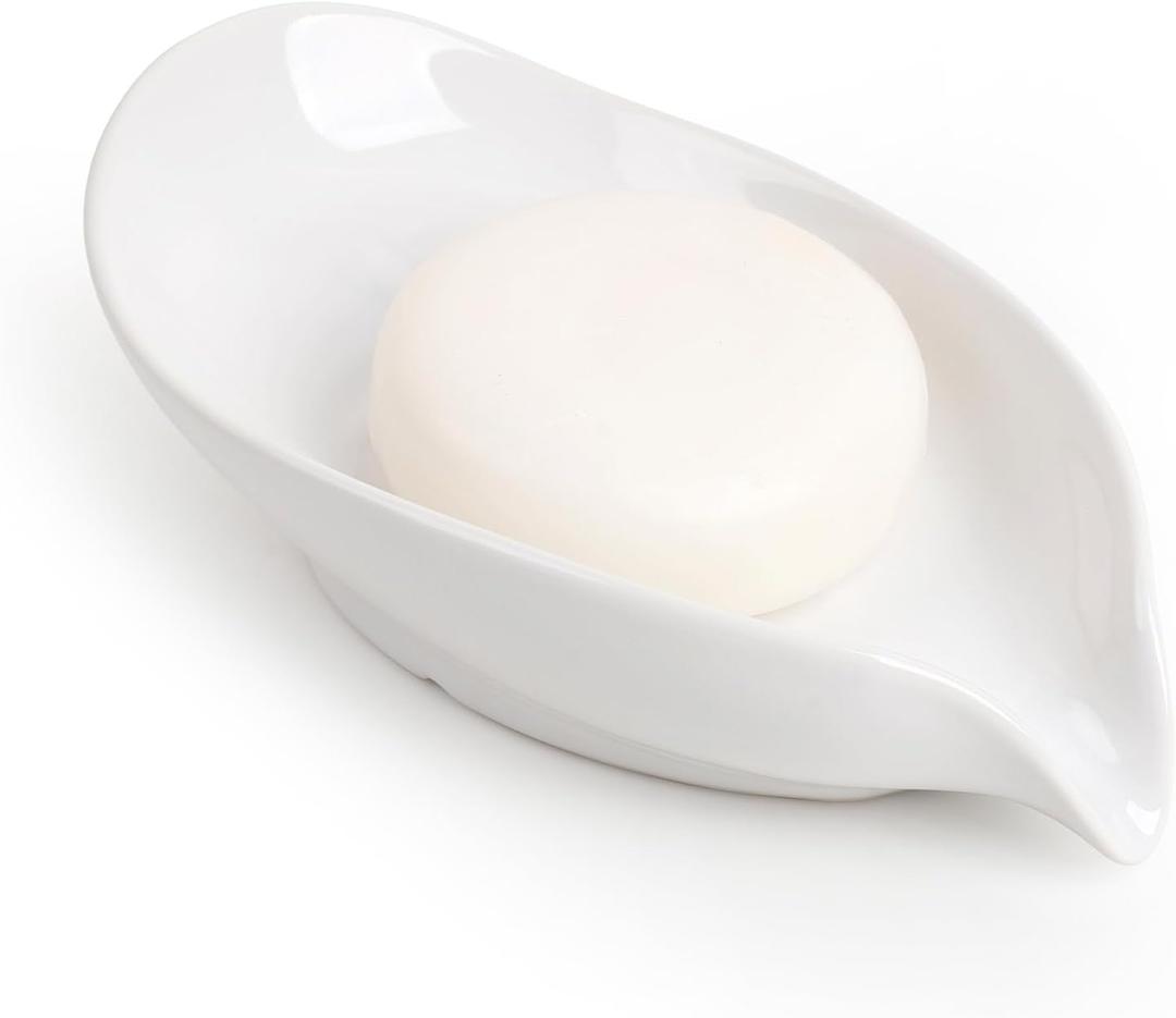 Soap Holder, Self-Draining Soap Dish, White Leaf Shape Ceramic Bar Soap Holder Drain Soap Dishes for Bathroom Sink Kitchen, Easy to Clean Keeps Soap Dry, ANTIS'S HOME