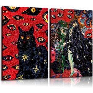 2 Pcs Framed Black Cat Cohen Hippie Psychedelic Retro Cool Girl Wall Art Mystical Animal Eyes Stars Canvas Print Art Poster Cat Lover Wall Decor Pictures Bedroom Living Room Teen Dorm Decor