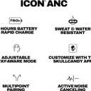 Skullcandy Icon ANC Wireless On-Ear Bluetooth Headphones, Active Noise Cancelling, 60 Hours Battery, Sweat Water Resistant, Foldable Durable Travel Ready, Microphone for iPhone Android - Bone