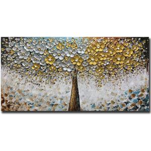 ART8YUQI Art - Contemporary Abstract Art Oil Painting On Canvas Texture 3D Silver - Golden Flower painting Handmade Artwork Picture Canvas Wall Art Modern Home Decor living room Ready to Hang 30x60 inch (60L" x 30W")