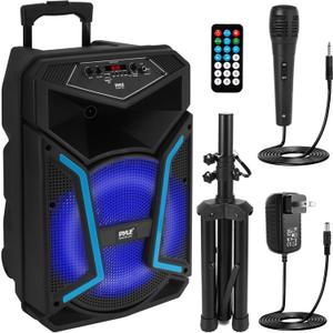 Pyle Portable Bluetooth PA Speaker System - 800W Outdoor Bluetooth Speaker Portable PA System w/ Microphone In, Party Lights, MP3/USB, FM Radio, Rolling Wheels - Mic, Remote - Pyle PPHP122SM,Black