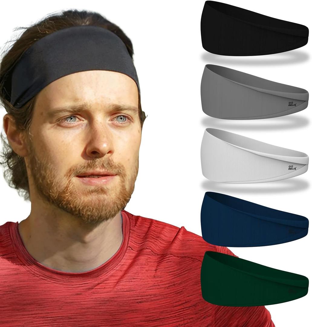 Relix Sports Headband for Men (Pack of 5) - Moisture Absorbing Workout Headband, Sweatband Headbands for Running, Cycling, Football, Yoga, Unisex Hairband (Multi Color)