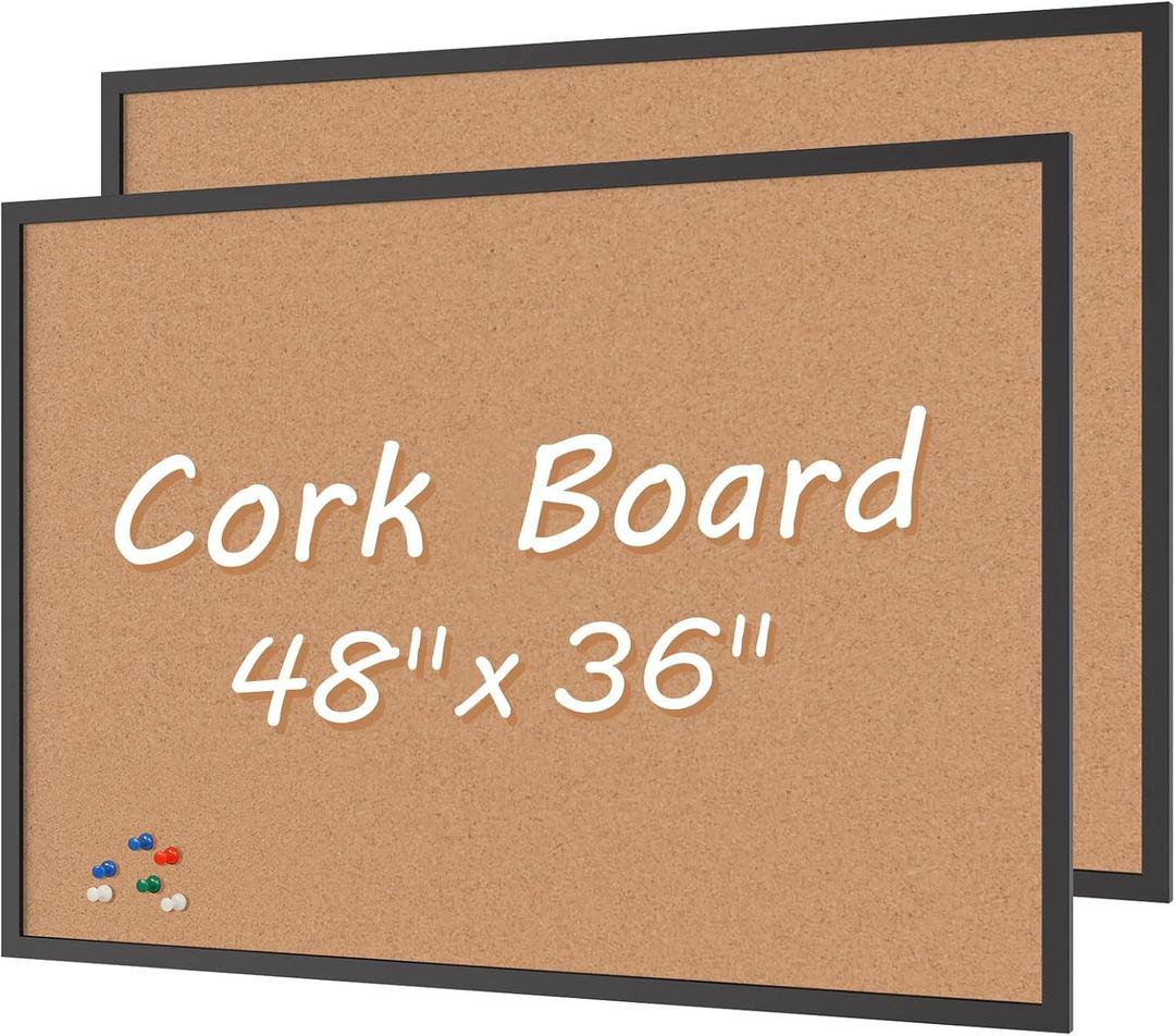 2-Pack Cork Board Bulletin Board 36 x 48, Black Wood Framed 4x3 Corkboard, Office Board for Wall Cork, Large Wall Mounted Notice Pin Board with 32 Push Pins for School, Home & Office