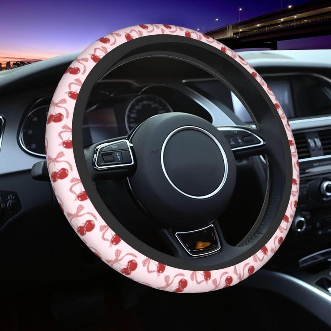 Pink Cherry Steering Wheel Cover, Cute Kawaii Anti-Slip Breathable Car Accessories Interior Elastic Steering Wheel Cover for Women Girly Gifts Fit Auto, SUV Vans Truck Universal 14.5-15 Inch