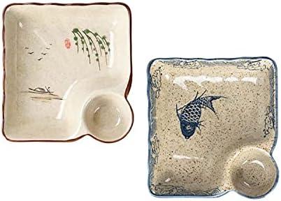 FYUEROPA Ceramic Dumpling Plate with Dipping Saucer, Sushi Dish, Serving Plate Chips and Snack Plate, 7.5 Inch - Set of 2 (Fish)