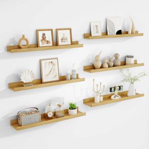 Acovy Picture Ledge Shelf, Floating Shelves Set of 6, 24 inch Long Picture Shelf for Wall with Lip, Wall Mounted Shelves for Bedroom, Living Room, Bathroom, Kitchen,Oak