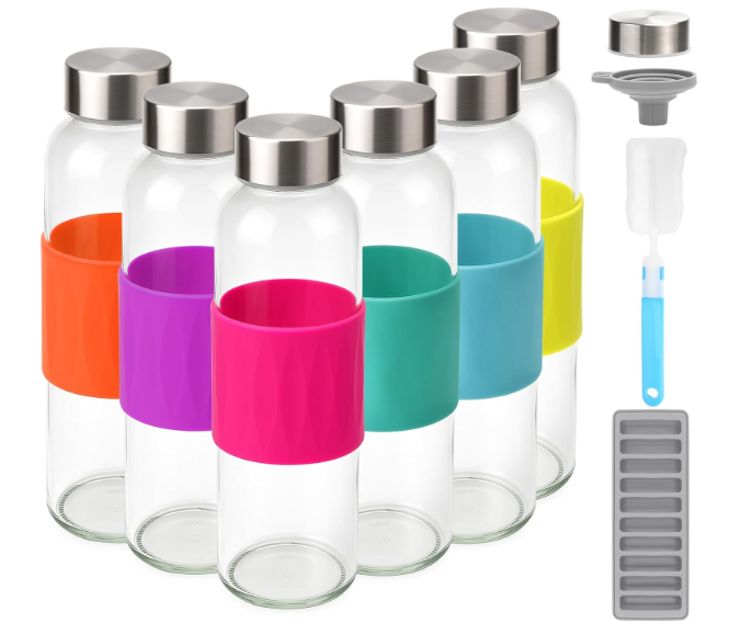 Zukro 18 oz Glass Water Bottles with Lids, 6 Pack Leak Proof Juice Bottles With Stainless Steel Cap for Juicing, Smoothie, Homemade Beverages Container, Reusable Drinking Jar with Grip Band, BPA Free