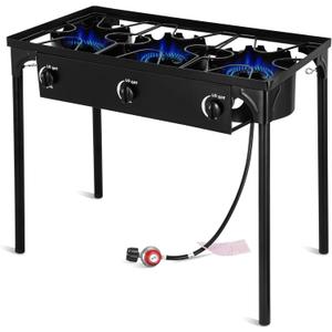 Propane Camping Stove, 225000 BTU Outdoor Propane Stove, 3 Burner High Pressure Propane Gas Cooker with Detachable Legs, 30 PSI Regulator