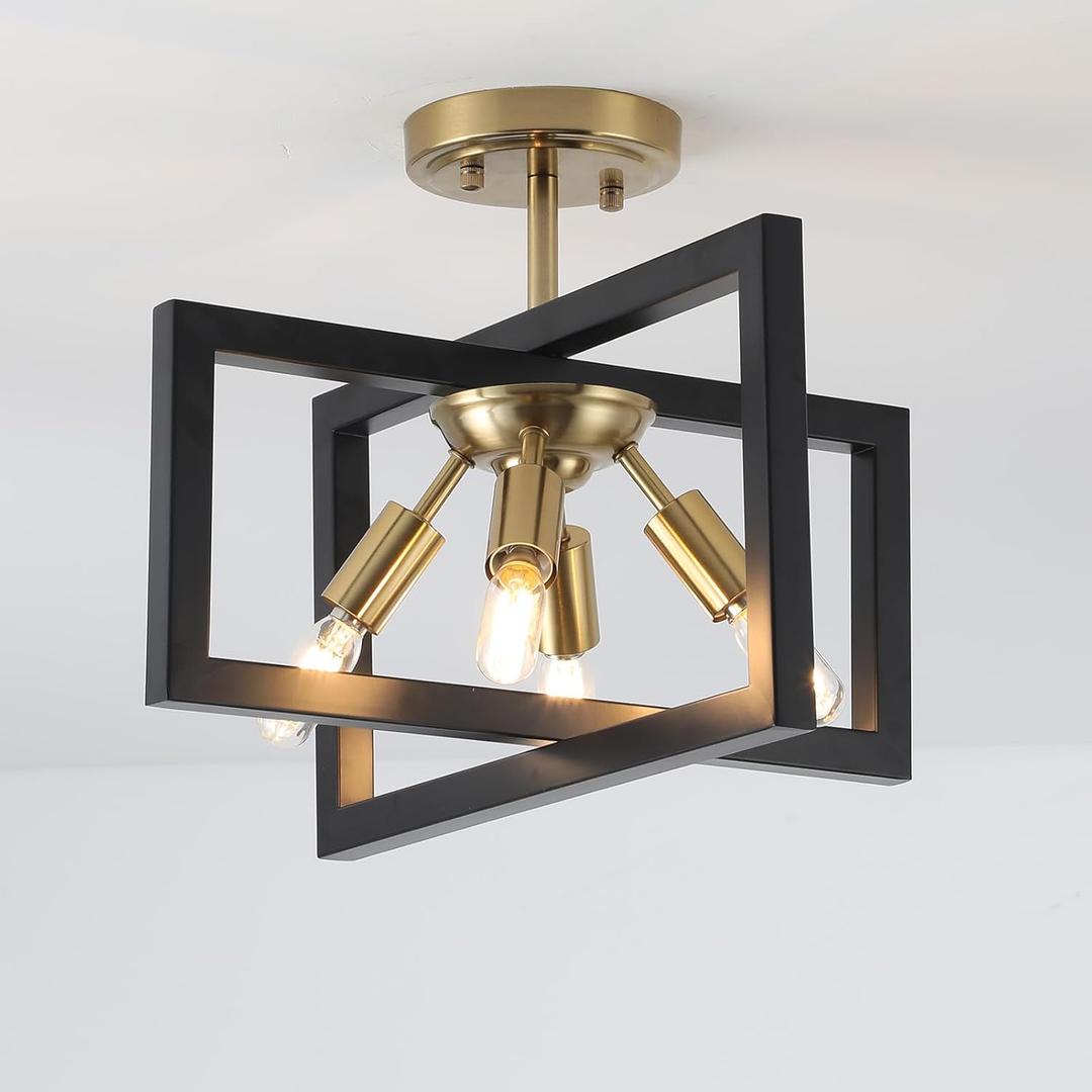 Minyuco SemiFlush Mount Ceiling Light  Modern Industrial Light Fixture Black and Gold,4Light Candelabra Lighting Ceiling Lamp for Kitchen Foyer Entryway Hallway Bedroom Closet