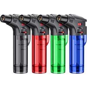 Torch Lighters, 4 Pack, Butane Refillable Jet Flame Torch Lighter, Windproof, Safe, Multi Utility Lighter for Candles, Fireplaces, Campfires, Grill (Without Butane) (Black/Red/Blue/Green)
