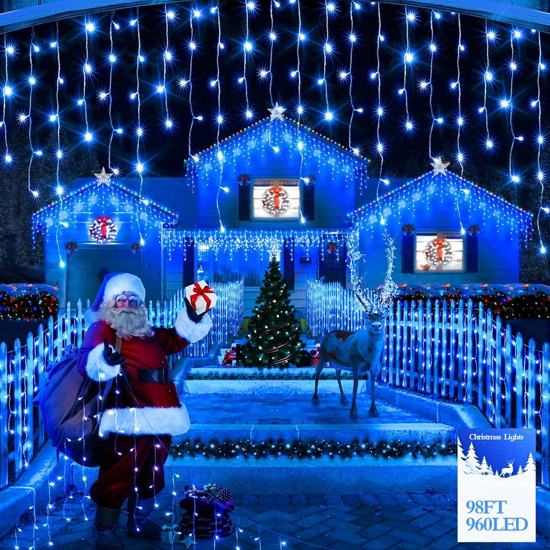 98FT 960 LED Christmas Lights, Waterproof 8 Modes Ice Lights for Outside with Memory and Timer Hanging Fairy Lights Plug-in Curtain String Lights for Holiday Party Wedding Home (Blue)