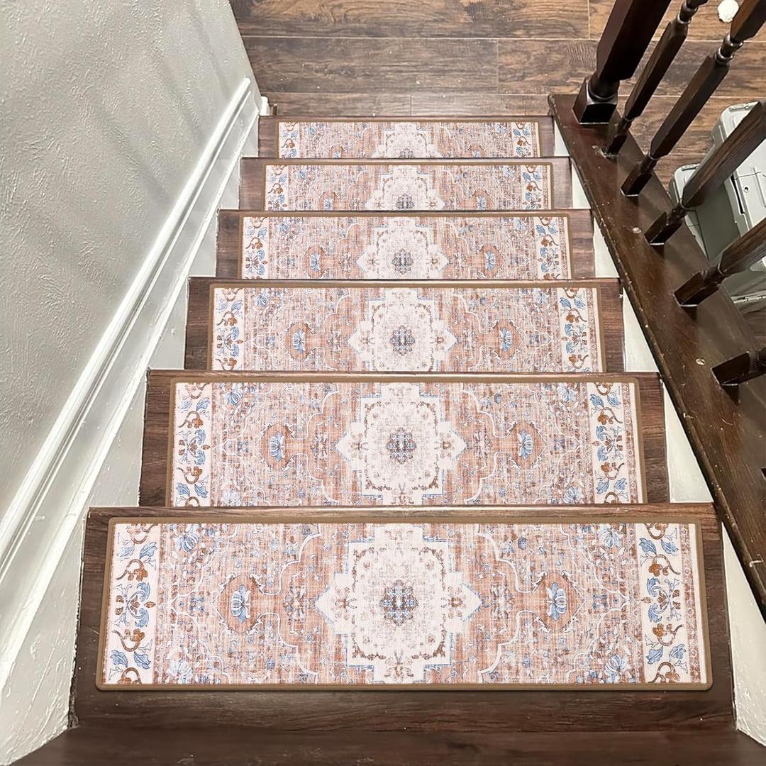 Ileading Boho Carpet Stair Treads for Wooden Steps 4 Pack 30" X 8" Non Slip Edging Indoor Stair Rug Runner Self Adhesive Stairway Grip Carpet Soft Step Treads Rug for Dogs Kids, Light Orange
