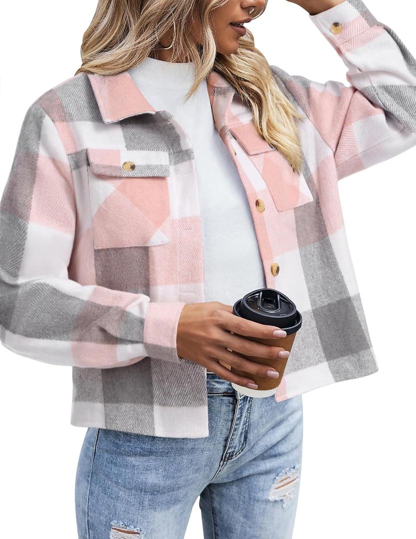 Zeagoo Flannels for Women Cropped Shacket Jacket Fashion Plaid Button Down Shirt 2026 Fall Coat Tops Large, Ydl11