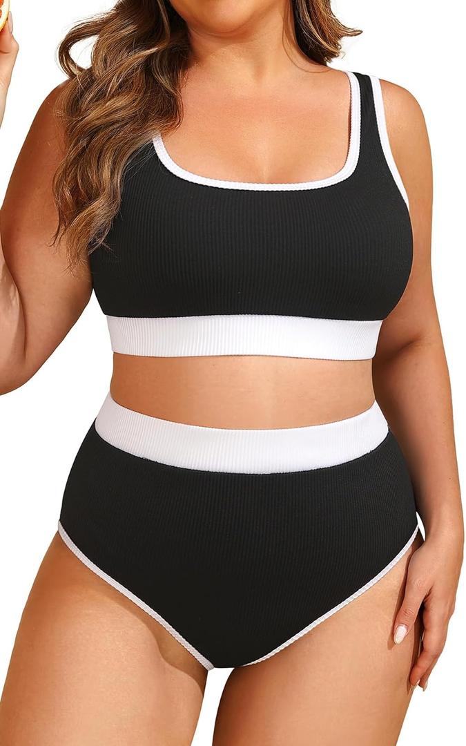 Tempt Me Women Plus Size High Waisted Bikini Set Two Piece Swimsuit Full Coverage Sporty 2 Piece Bathing Suits (Black White) 14W