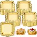 100PCS Gold Mini Square Baroque Dessert Display Trays, Elegant Plastic Serving Plates for Small Cakes, Candy, Appetizers at Weddings, Parties, Hotels, 3.15x3.15 Inch