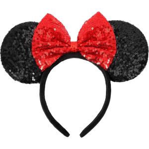 Mouse Ears Headbands, Sequin Mouse Ears for Women Girls Boys, Shiny Bow Headband for Cosplay Costume Party Decorations Hair Accessories (Red)