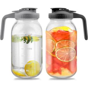 64 Oz Glass Pitcher with Lid 2 Pack, 2 Quart Heavy Duty Cold Brew Pitcher, Leak-Proof, Wide Mouth Mason Jar with Pouring Airtight Lid,Ideal for Fridge Storage(pack of 2) (Black & Grey)