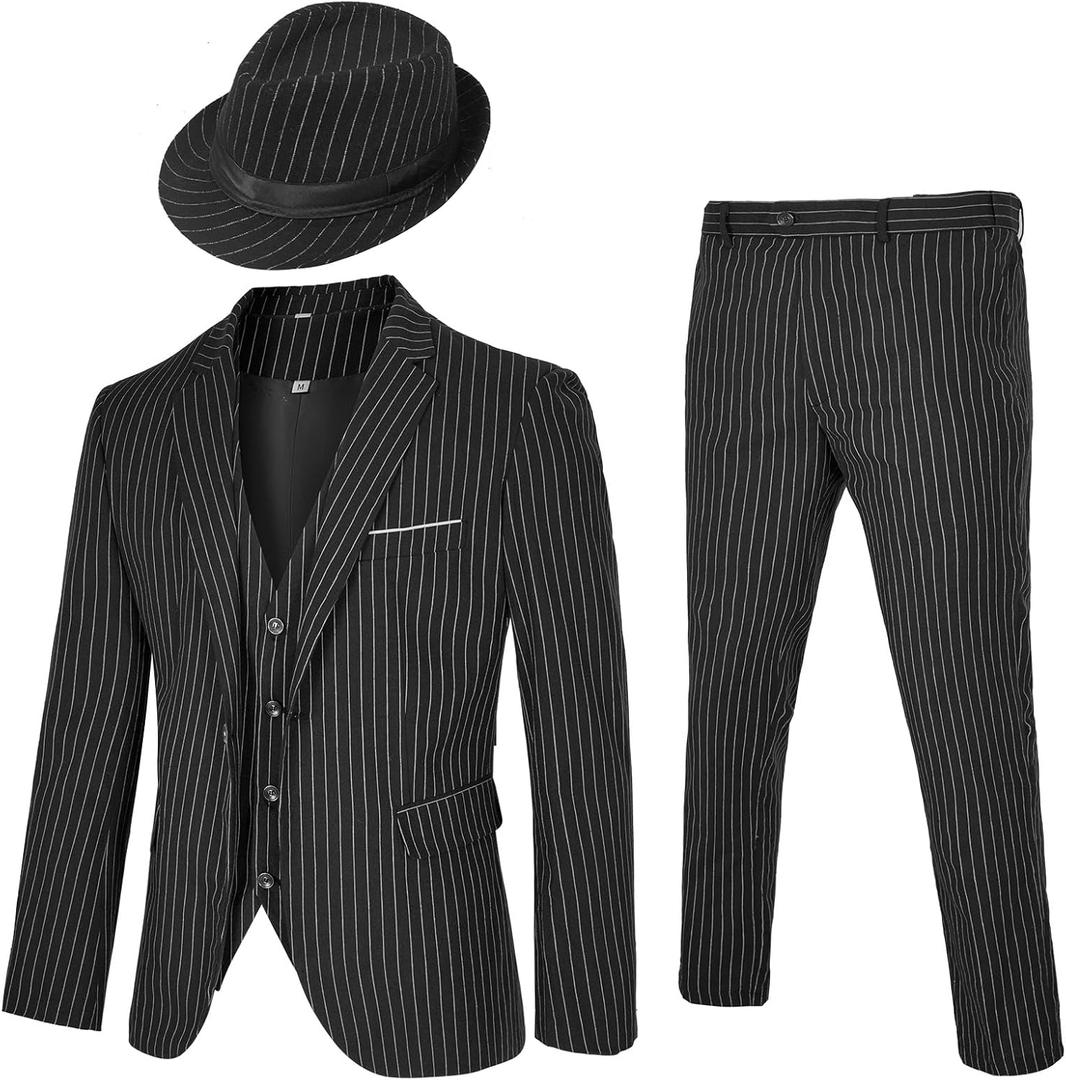 Men's 4 Piece 1920s Suit One Button Vintage Suit,Jacket Vest Pants with Hat (Black, Small)