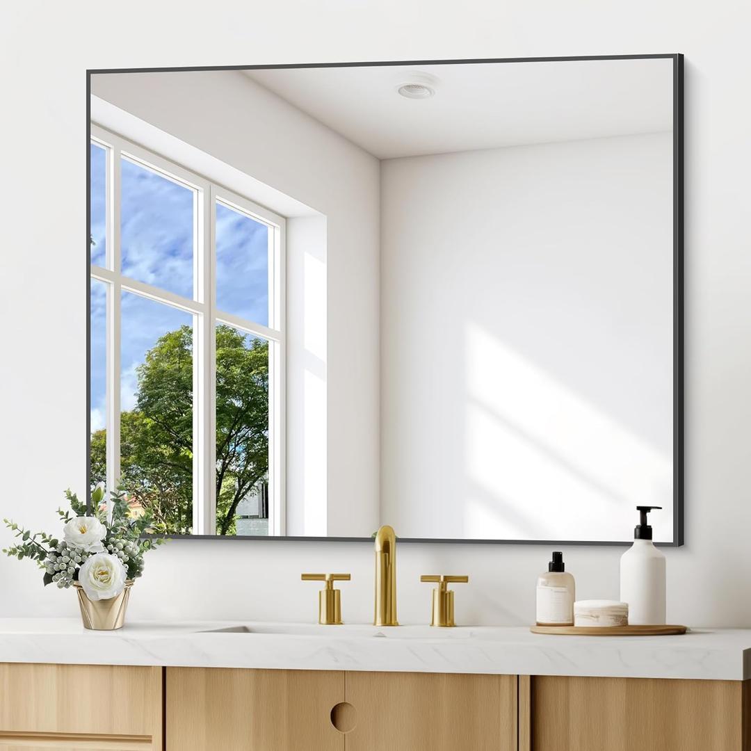 Black Bathroom Mirror for Wall, 30x36 Inch Rectangle Mirrors with Metal Frame, Modern Vanity Wall Mirror Decor for Entryway Hangs, Bathroom Living Room Horizontal or Vertical Black Bathroom Mirror for Wall, 30x36 Inch Rectangle Mirrors with Metal Frame, Modern Vanity Wall Mirror Decor for Entryway Hangs, Bathroom Living Room Horizontal or Vertical