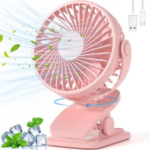 Portable Clip on Fan, 360 Rotate Battery Operated Stroller Fan, 3 Speed Quiet Mini Personal Desk Fan, USB Rechargeable Clooing Fan for Outdoor Camping Golf Cart Stroller Home Office Pink
