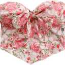 GORGLITTER Women's Floral Bow Strapless Tube Top Mesh Tie Front Bandeau Top Coquette Crop Top Going Out Tops Pink Multicolor X-Small (Pink, XS)