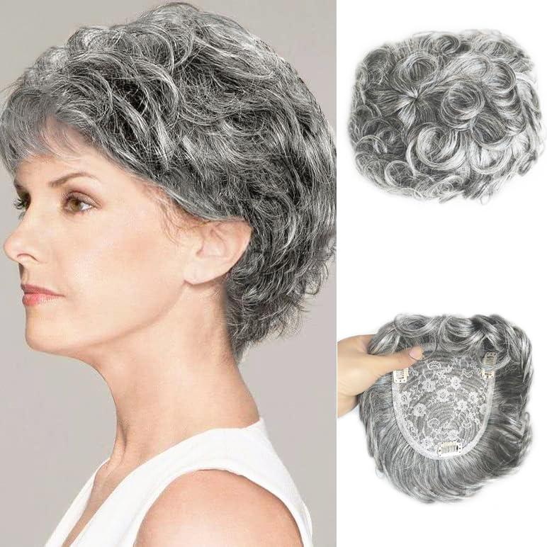 Natural Curly Human Hair Topper 13x13cm Clip in Wavy Replacement Wiglet Short Hair Topper for Women with Thinning Hair Silver Grey Color