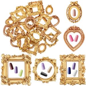 Vicenpal 25 Pcs Vintage Mini Picture Frames Baroque Antique Small Resin Jewelry Display Table Frame for Christmas DIY Photo Holiday Party Decoration (Gold)
