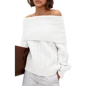 MASCOMODA Womens Sweaters Off The Shoulder Long Sleeve Cable Knit Sweater Loose Chunky Pullover Dressy Work Tops Fall Fashion (White, L)