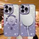 NITITOP Compatible with iPhone 15 Pro Case Cute Clear Glitter [Compatible for MagSafe] Plating Heart Sparkle Bling Magnetic Girl Women Electroplated Frame Camera Protection Back Cover - Purple