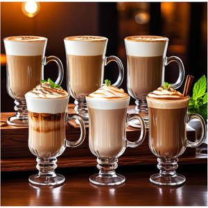 Set of 6 Clear Glass Goblet Mugs with Handles, 8 Oz - Perfect for Irish Coffee, Latte, Cappuccino, Smoothie and All Hot & Cold Beverages