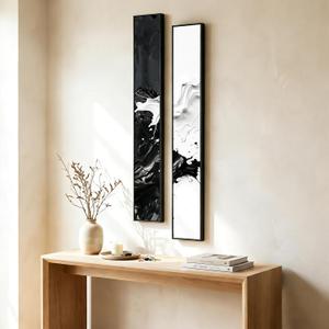 QKF 2Pcs Narrow B&W Fluid Abstract Art, Alu Frame Gloss Canvas Hallway, 6" × 48"