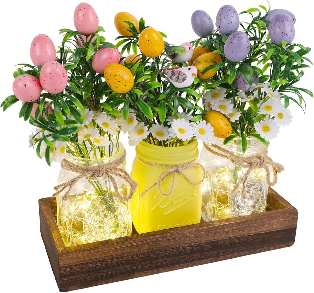 DR.DUDU Easter Decorations for Home, Easter Table Centerpiece with Egg Picks in Glass Vases, Wood Tray & Led Lights with Timer, Spring Decor for Home, Set of 3