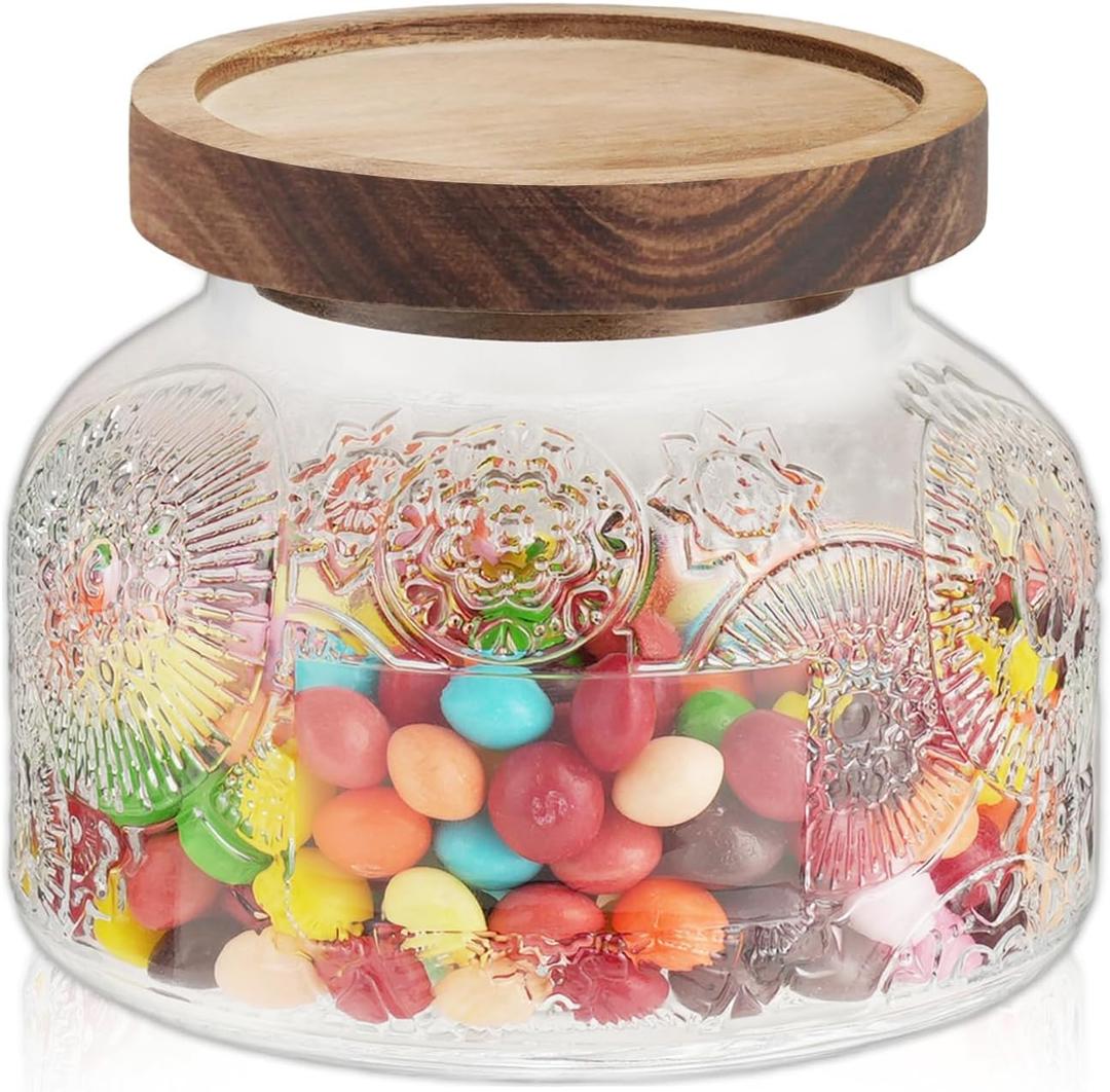 25 Oz Glass Candy Jar with Wooden Lid - Vintage Airtight Food Storage Container for Kitchen Pantry Office Decor, Clear Cookies Canister Organize Coffee Sugar Tea Spice Nuts Snacks