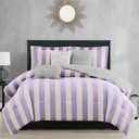 Juicy Couture Cabana Stripe Reversible Bedding Set - Queen/Full Size - Lavender/White Stripe Print  6 Piece Set  Includes 1 90" x 90" Comforter, 3 Decorative Pillows, 2 Shams