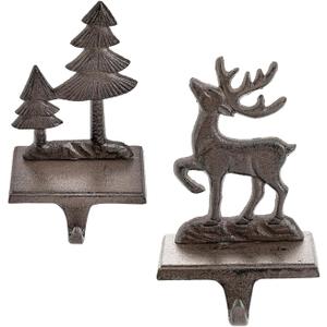 Sungmor Christmas Stocking Holders, 2PC Cast Iron Mantel Hooks Home Decor Holiday Gifts, Heavy-Duty Anti-Slip Fireplace Hangers, Christmas Tree Reindeer Pattern Hooks for Xmas Shelf Topper Decoration