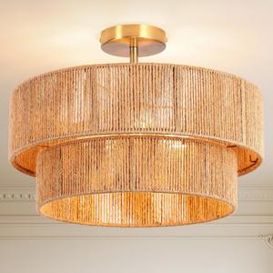 18''Boho RattanCeiling LightHandwoven Semi Flush Mount Fixture for Bedroom,Living Room, Kitchen, Hallway, Dining Room