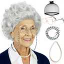ANOGOL Hair Cap+ 5pcs Old Lady Wig Set Grandma Wigs Granny Wig and Accessories Grey Curly Wigs Old Lady Costume Women 100 Days of School Outfit Halloween Party (Glasses+ Eyeglass Chain+ Necklace)