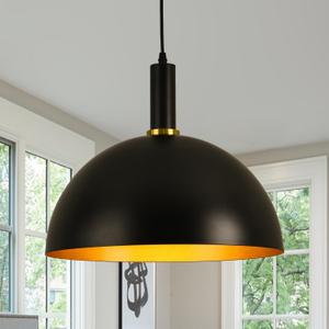 16" Black Pendant Lights Kitchen Island, Black and Gold Dome Pendant Lights, Modern Farmhouse Adjustable Large Industrial Metal Hanging Pendant Lighting for Kitchen Island, Dining Room, Cafe, Bar