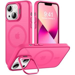 VoBoEo Magnetic for iPhone 13 Case & iPhone 14 case, Compatible with Magsafe, Built-in Stash Stand, Matte Scratch-Resistant Back Cover Shockproof Phone Case for iPhone 13/ iPhone 14, Hot Pink
