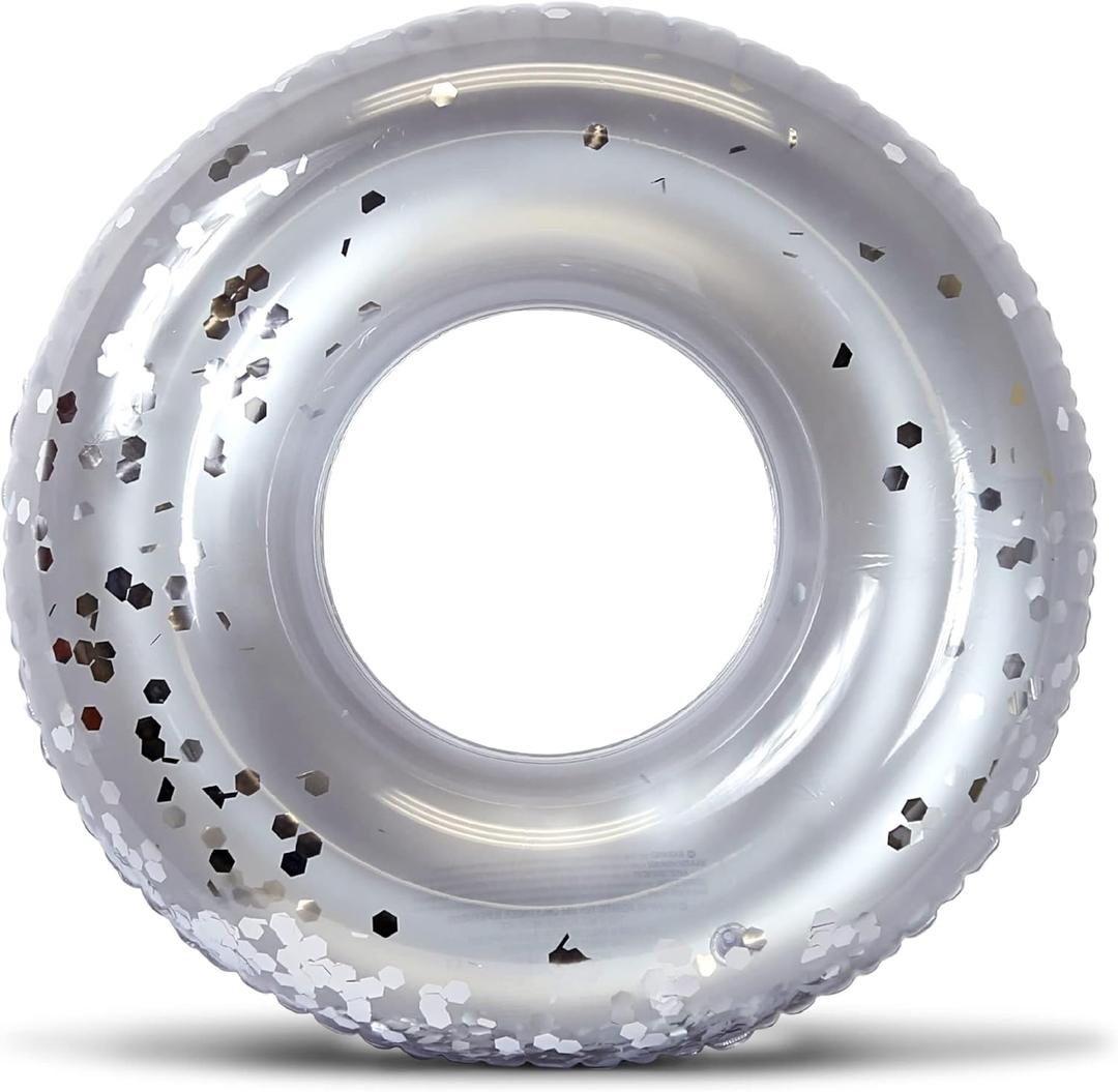 POZA Inflatable Pool Float Tube  Sparkly Confetti Swim Ring, Heavy Duty UV Resistant Inflatable Tube Pool Float for Kids & Adults  Multiple Colors & Sizes  Beach, Lake & Pool Party Float (36", Silver)
