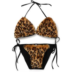Women's Detachable Faux Fur Bikini Sets Halter Tie Two Piece Swimsuits for Party Stripper Outfit (Leopard)
