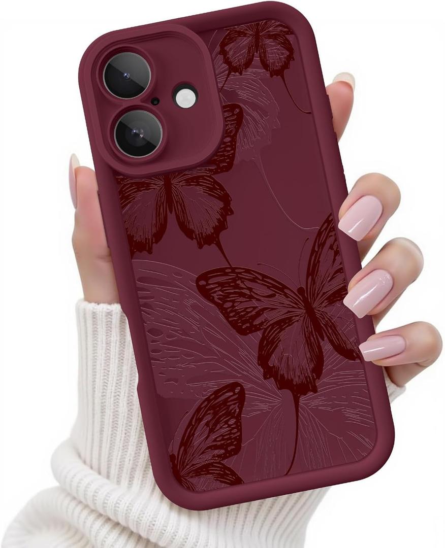 iPhone 16 Case, Creative Butterfly Pattern Design for Girl Women, Soft Silicone Shockproof Anti-Scratch Protection Phone Cover for iPhone 16 (Burgundy Red Butterfly)