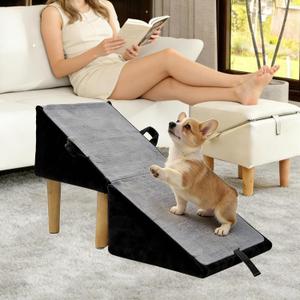 Split Ottoman Dog Ramp for Small Dogs and Cats 2-in-1 Foldable Wooden Pet Ramp and Stairs for Couch and Low Bed, or Ottoman, Non-Slip and Portable, Black