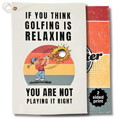 Funny Golf Towels- Golf Themed Gag Gifts for Men Who Have Everything, Golf Towels for Golf Bags with Clip for Men, Funny, Unique Accessories (Relaxing)
